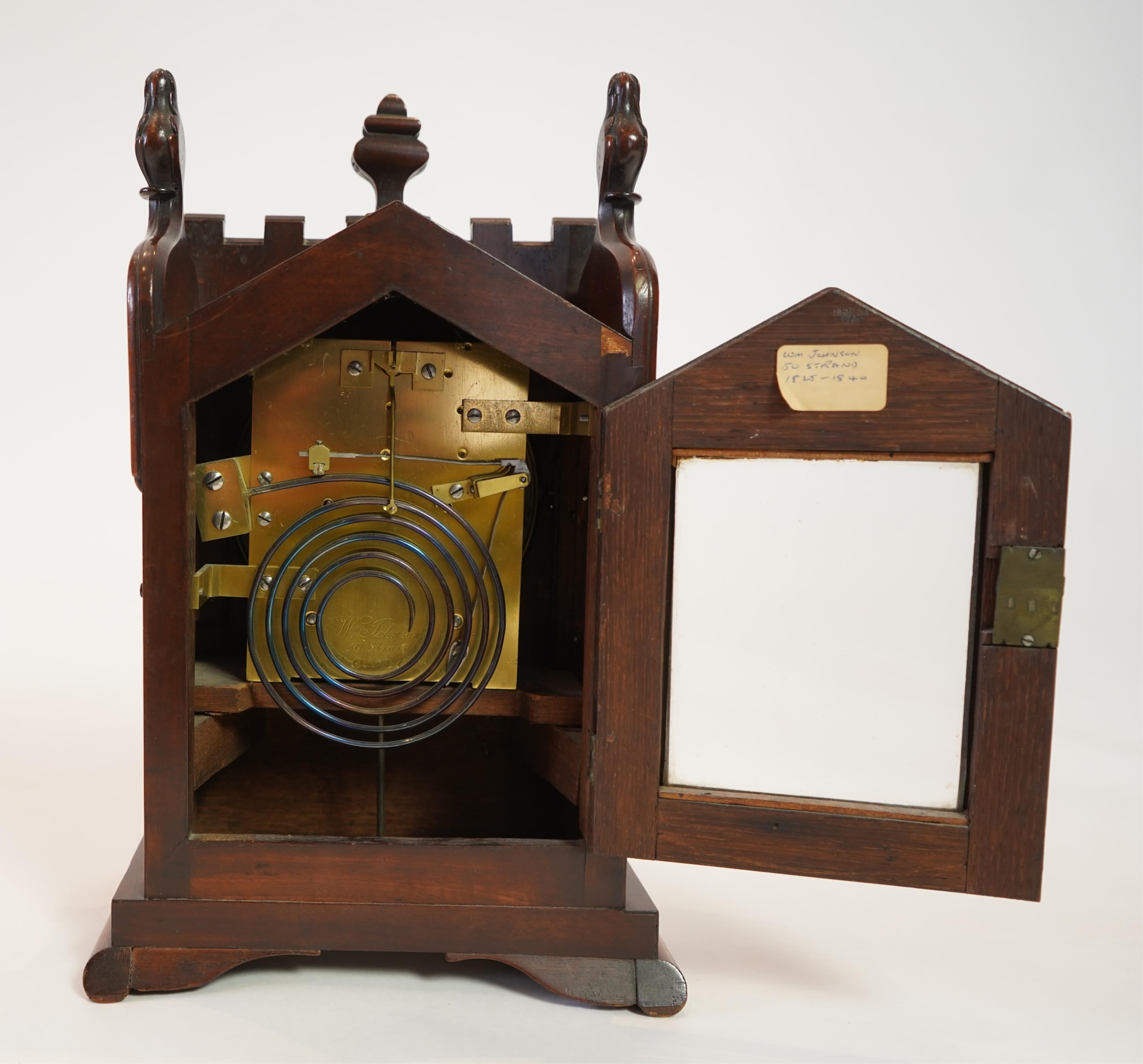 A small late Regency Gothic Revival mahogany bracket clock, signed William Johnson, 50 Strand London